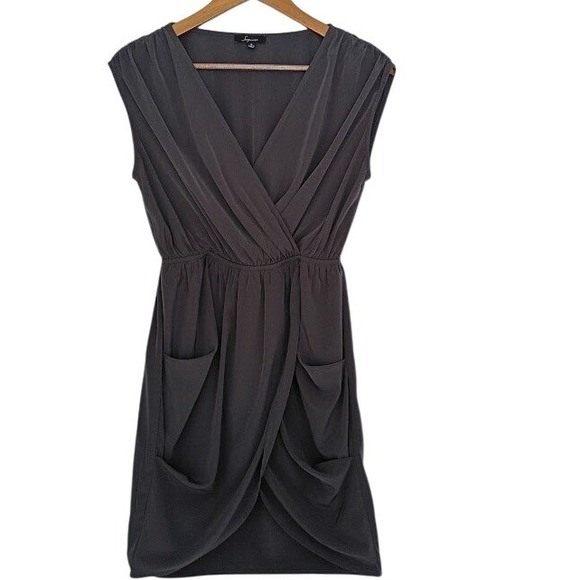 Soprano Grey Dolman Sleeve Faux Wrap Midi Dress Pockets Elastic Waist - Picture 2 of 7